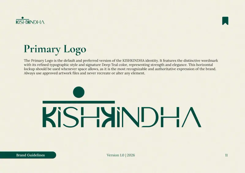 Kishkindha primary logo page from the brand guidelines, with the deep teal wordmark on a cream background