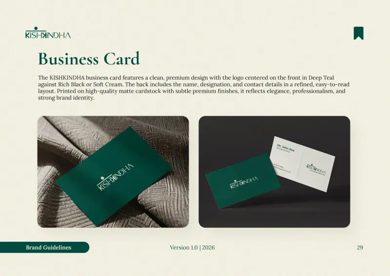 Kishkindha business card mockups in deep teal and cream on fabric and on a dark surface