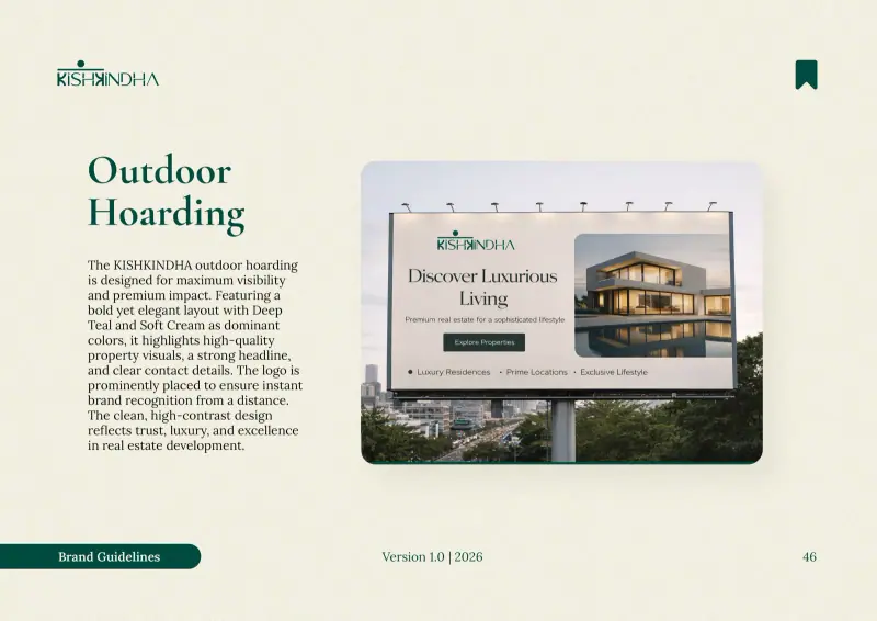 Outdoor hoarding mockup with the Kishkindha logo, the headline Discover Luxurious Living and a modern villa photo