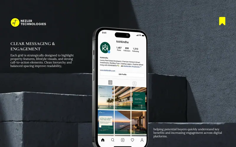 Phone mockup of the Kishkindha Instagram profile showing the deep teal and cream marketing grid