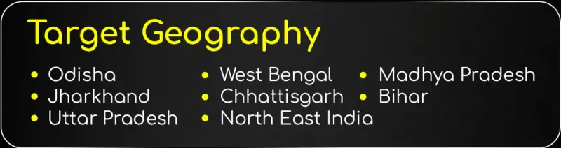 Target geography card listing Odisha, West Bengal, Madhya Pradesh, Jharkhand, Chhattisgarh, Bihar, Uttar Pradesh and North East India
