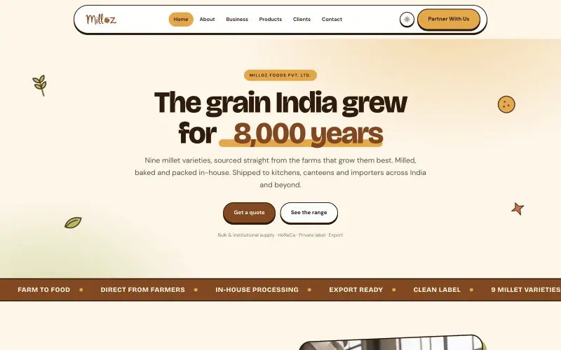 Milloz Foods website homepage