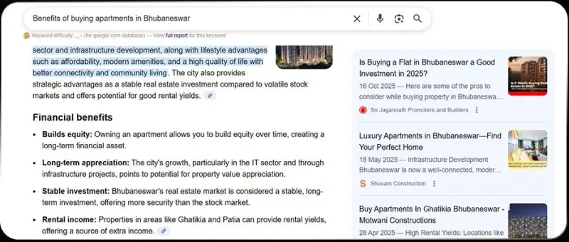 Google AI Overview for benefits of buying apartments in Bhubaneswar, listing a Motwani Constructions page among its sources